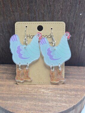 NWT Whimsy Chicken Earrings Pierced Acrylic Boots Dangle Drop Light Weight OOAK